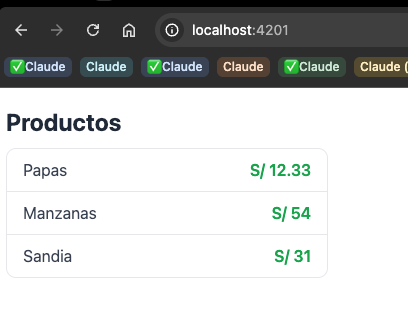 Resultado final en el navegador: tarjeta "Productos" con Papas S/12.33, Manzanas S/54 y Sandia S/31, sin bullets, nombre a la izquierda y precio en verde y negrita a la derecha